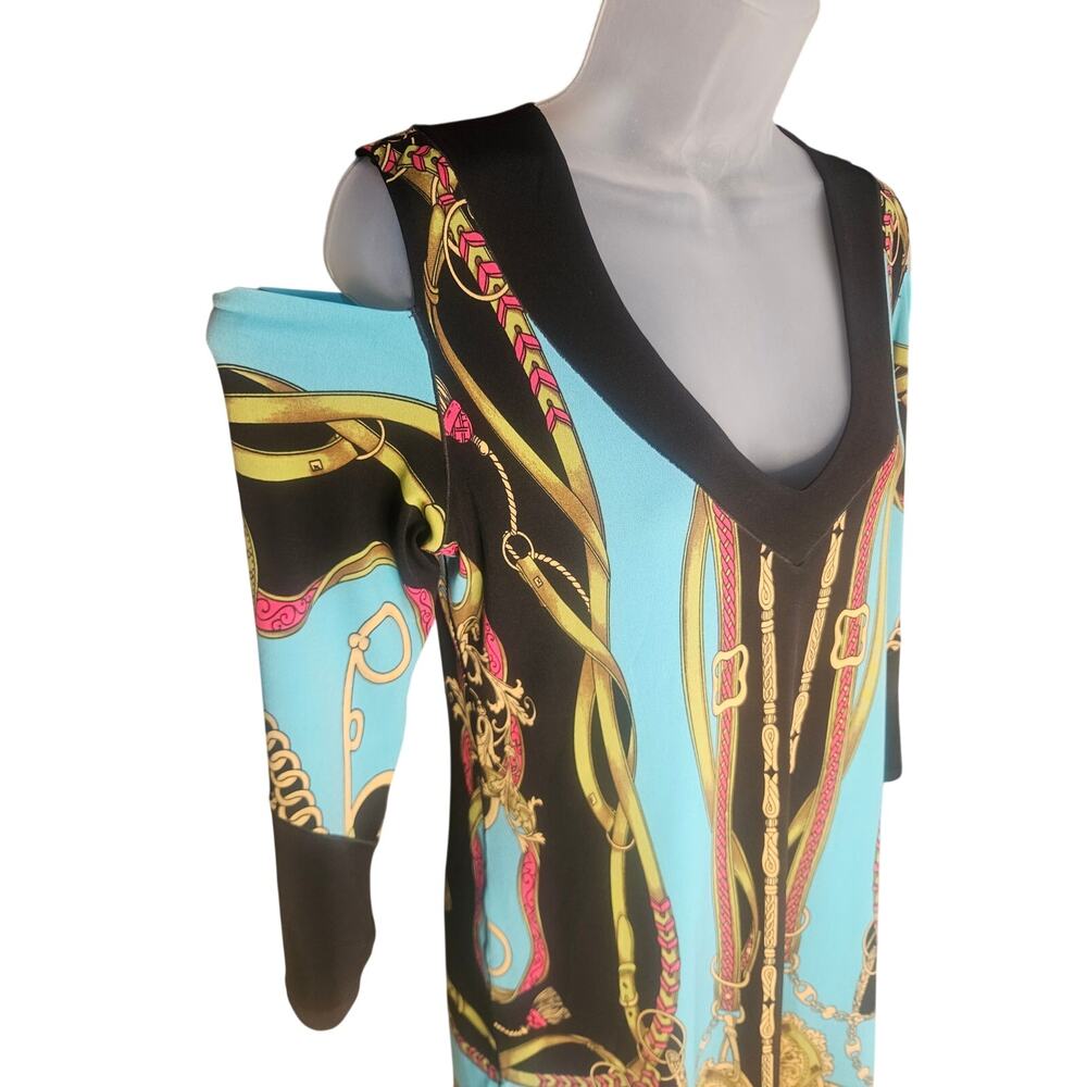 Eva Varro Multi Color Dress Tunic Sz M "Versace Style" Cut Out Shoulders Vneck - Picture 2 of 8